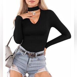 MANGOPOP Women Mock Neck Zip Up Long Sleeve Bodysuit Snap Crotch Size M < <266>>